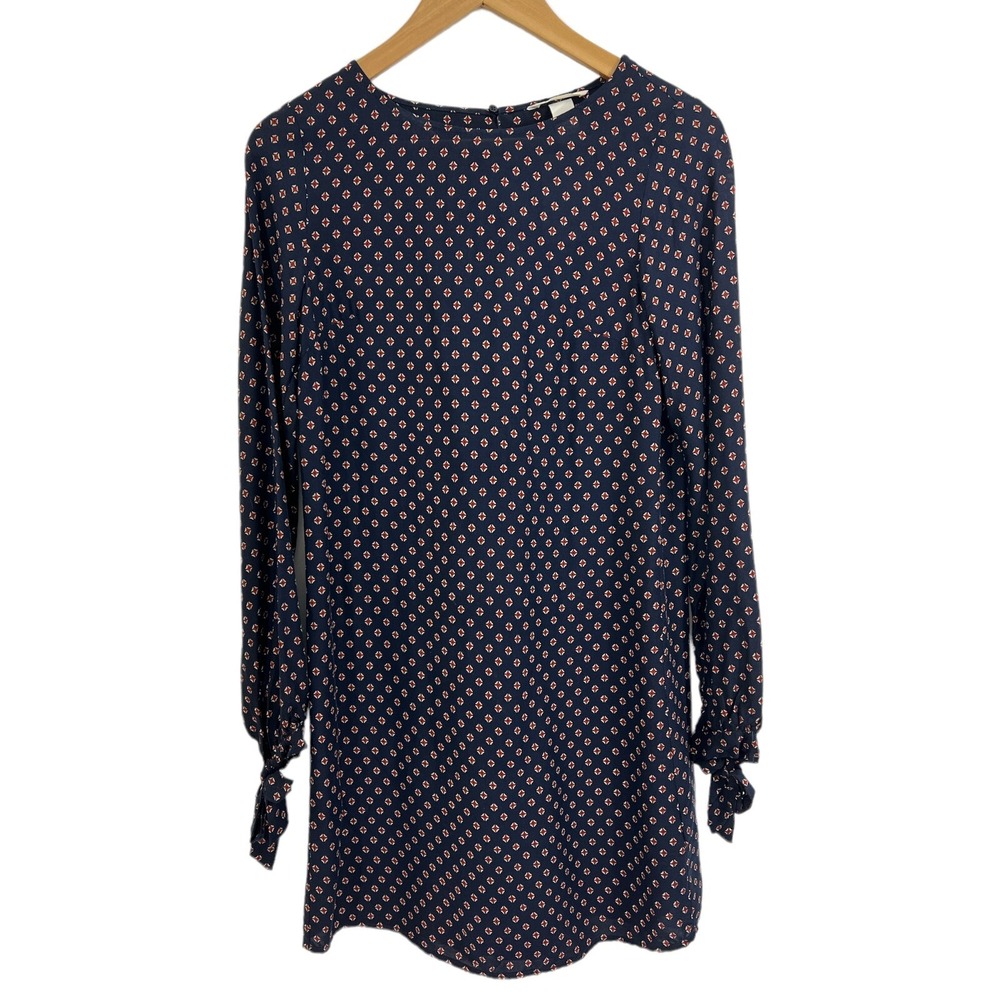 H&M Women's Shift Navy Blue Patterned Dress With Tie Sleeves Size 2